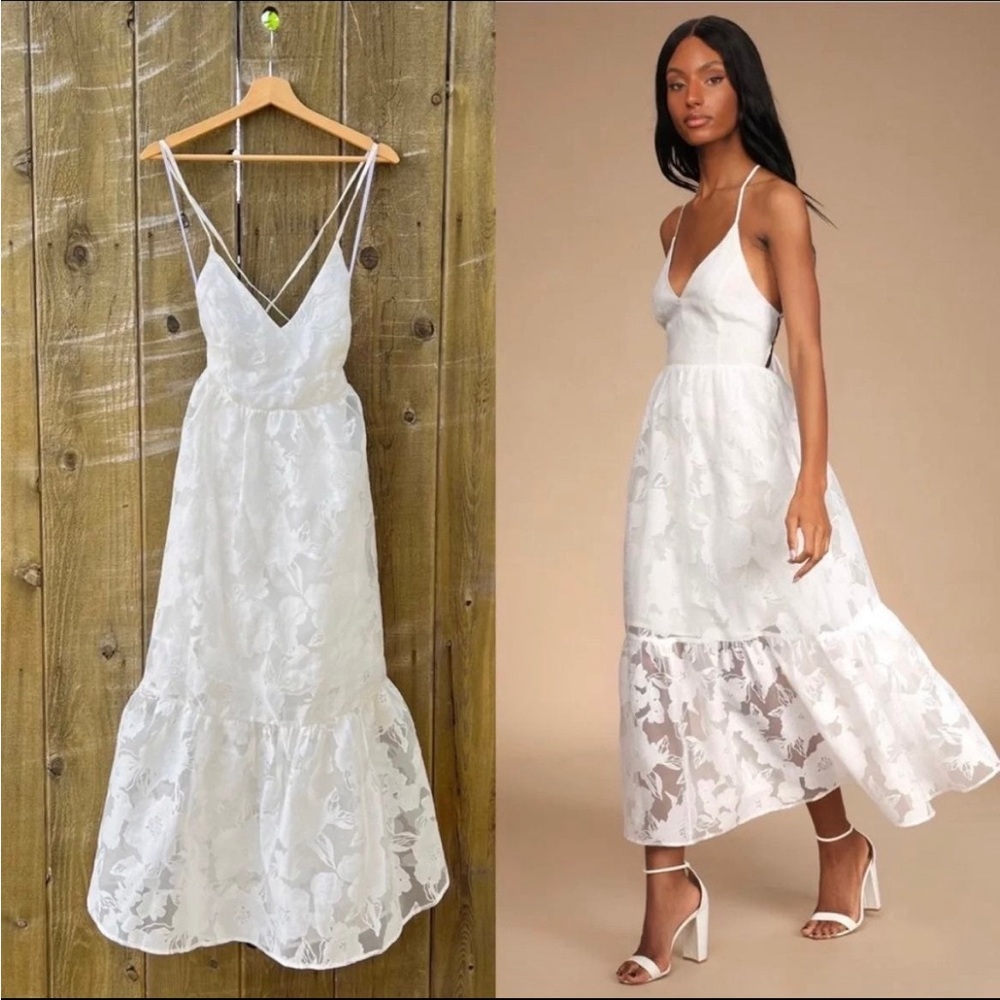 White Jacquard Organza Backless Lace-Up Midi Dress 🌿